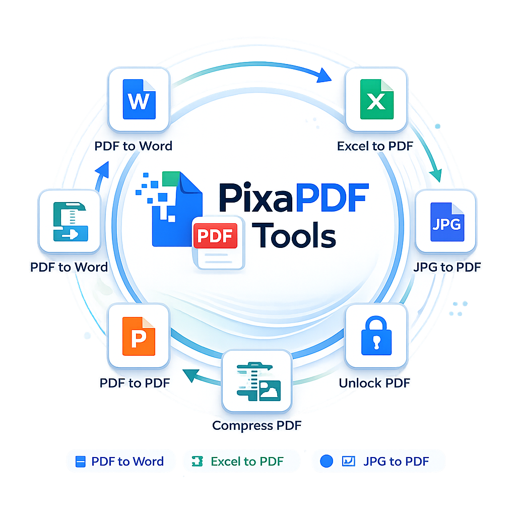 PixaPDF Tools logo – free online PDF tools for compress, convert, merge, split and image editing services