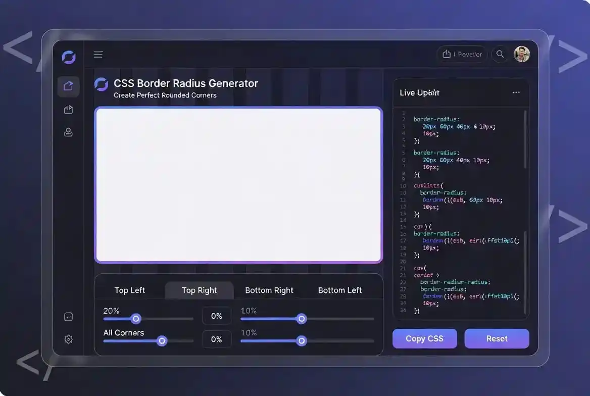 CSS Border Radius Generator 1 Click Instant Free Online Tool 1 CSS Border Radius Generator showing live preview of rounded corners with slider controls