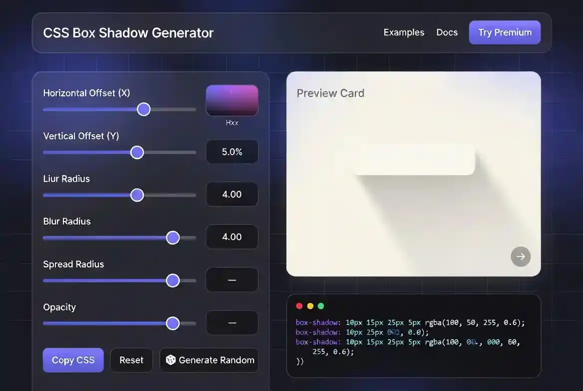 CSS Box Shadow Generator 1 Click Instant Free Online Tool 1 CSS Box Shadow Generator showing live shadow preview with sliders and CSS output