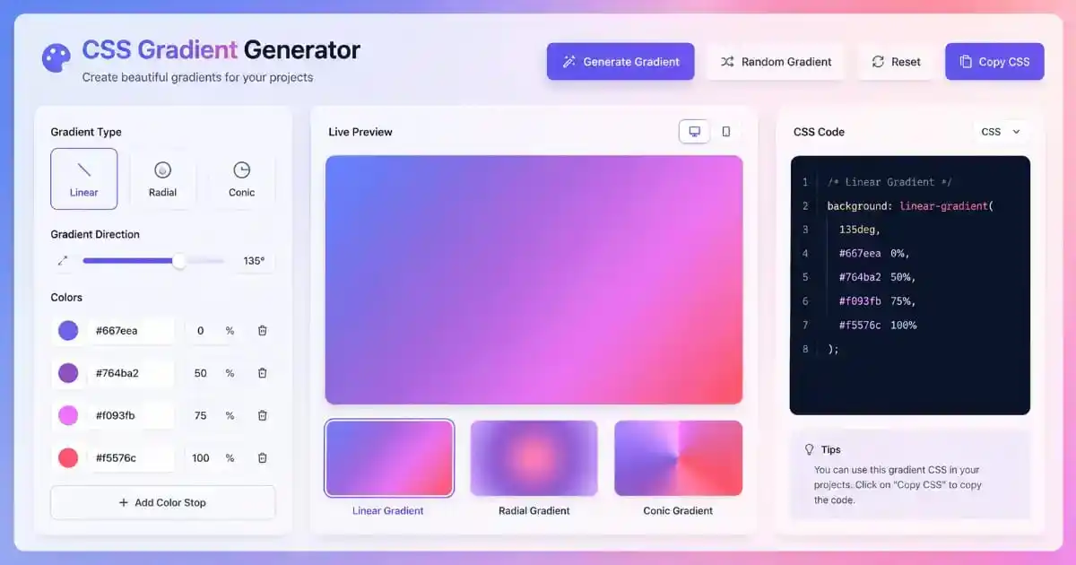 CSS Gradient Generator showing live gradient preview with multiple color stops and CSS output code