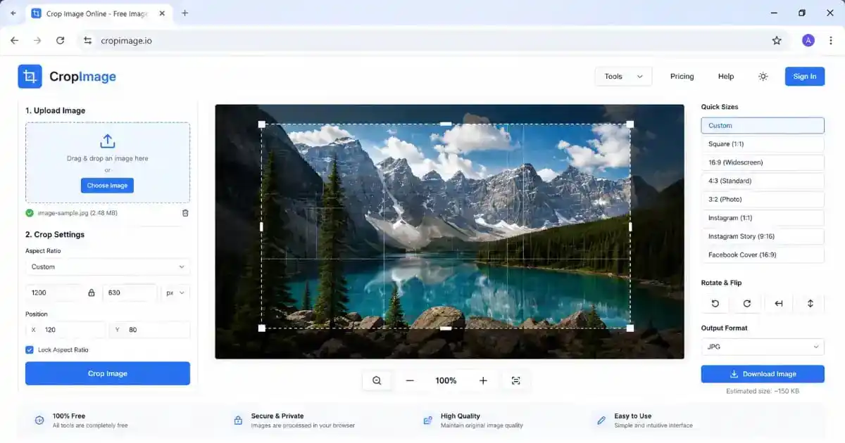 Crop Image tool showing online image resize and crop interface in browser