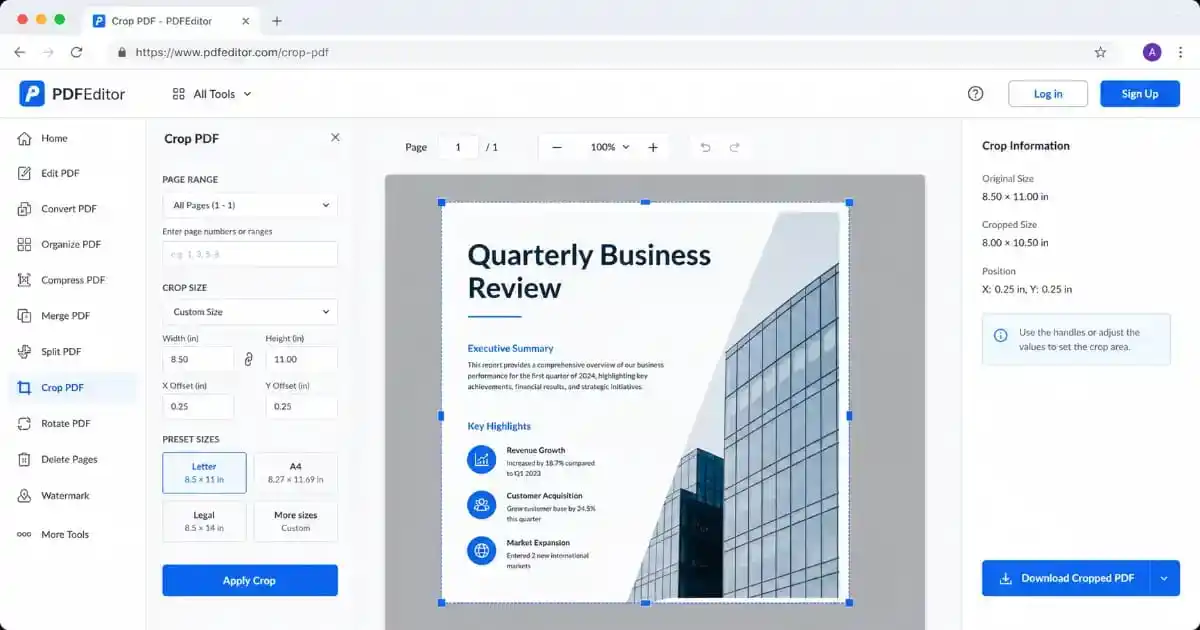 Crop PDF 100% Free Online Fast & Secure Resize Tool 1 Crop PDF Easy Online Fast and Secure PDF Resize Tool interface showing drag-and-drop upload and visual crop selection.