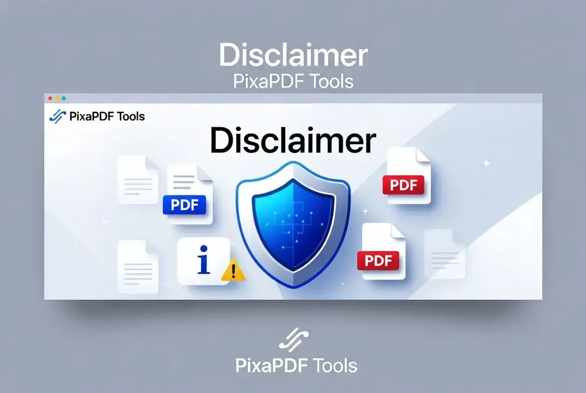 Disclaimer – PixaPDF Tools Disclaimer – PixaPDF Tools website banner featuring a security shield, PDF documents, privacy protection elements, and a modern professional disclaimer page design