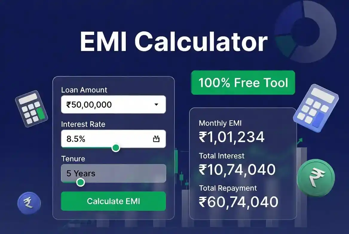 EMI Calculator – 100% Free Loan Payment Tool 1 EMI Calculator – EMI Calculator showing loan calculation dashboard with interest, amount, and repayment details
