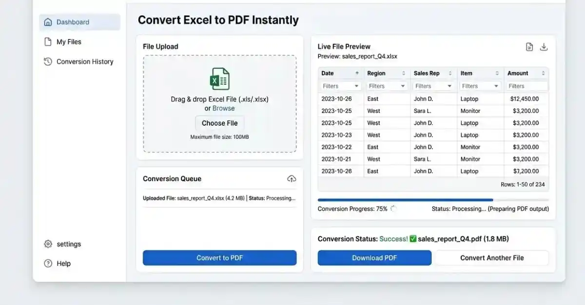 Excel to PDF Converter 100% Secure & Fast Online Tool 1 Excel to PDF converter showing spreadsheet upload with table preview and PDF export layout