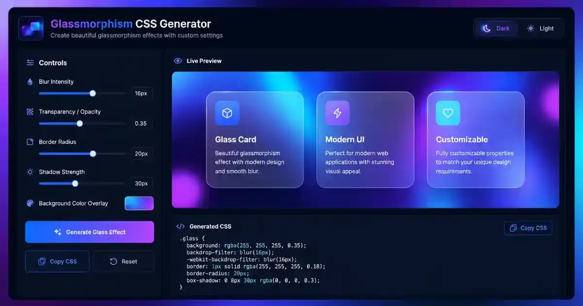 Glassmorphism CSS Generator 100+ Free Glass UI Effects Tool 1 Glassmorphism CSS Generator showing frosted glass effect preview with blur and transparency controls