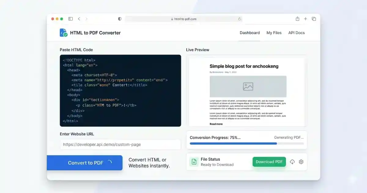 HTML to PDF 100% Free Online Converter Tool 1 HTML to PDF converter showing webpage upload and PDF output preview in clean modern UI