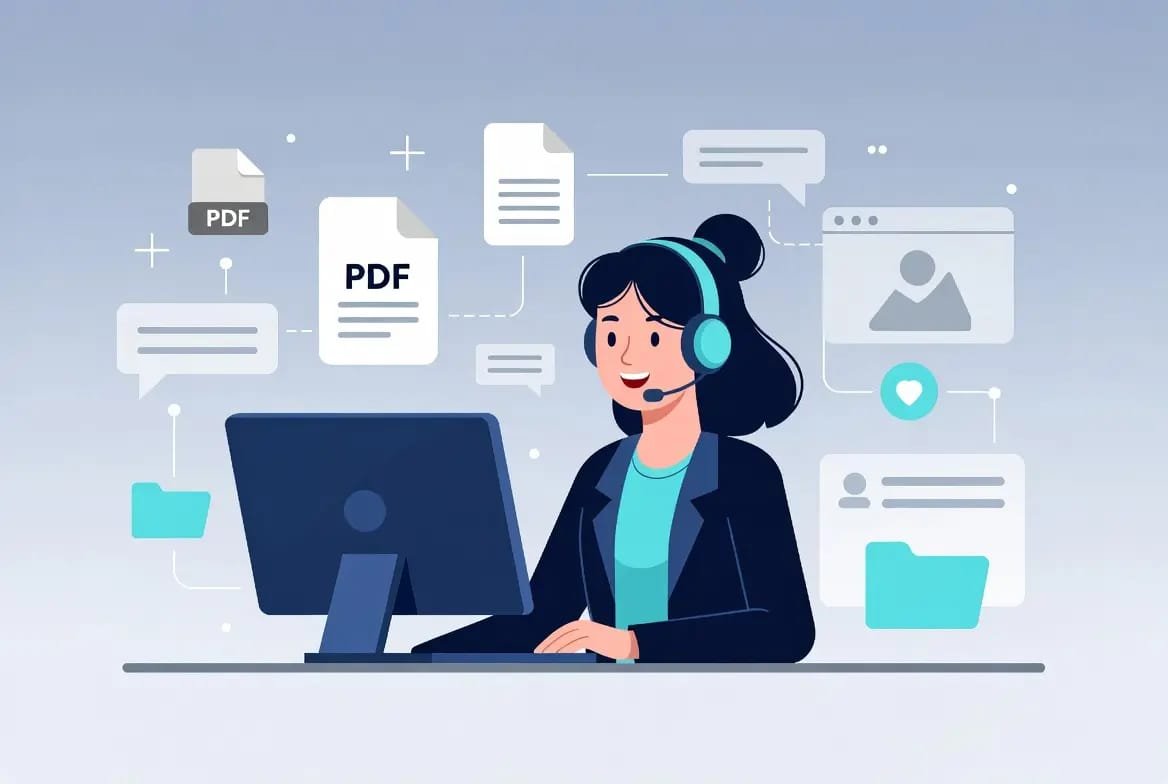 Help & Support - PixaPDF Tools Professional Customer Assistance Help and Support – Friendly customer support agent wearing headset assisting users with PDF tools, online document services, live chat support, and customer assistance at PixaPDF Tools