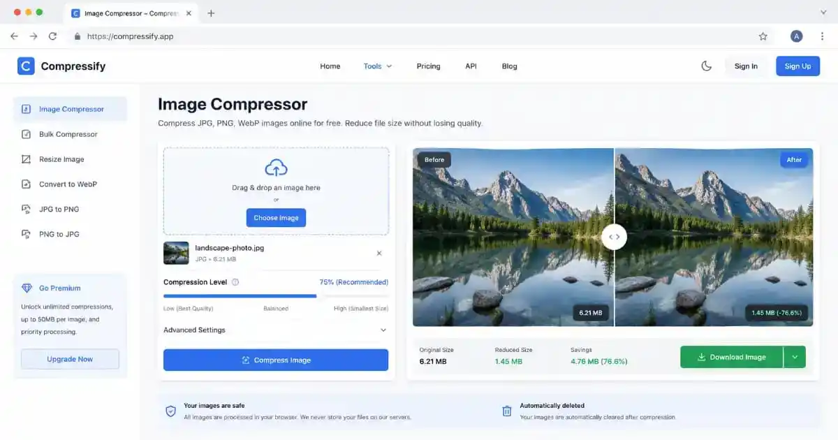 Image compressor tool showing online image compression interface with upload and download options