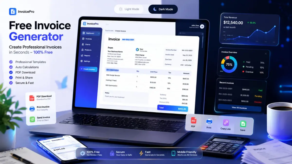Free Invoice Generator – 100% Free Online Tool | PixaPDF Tools Free Invoice Generator – Professional Online Tool for Creating Invoices with PDF Download