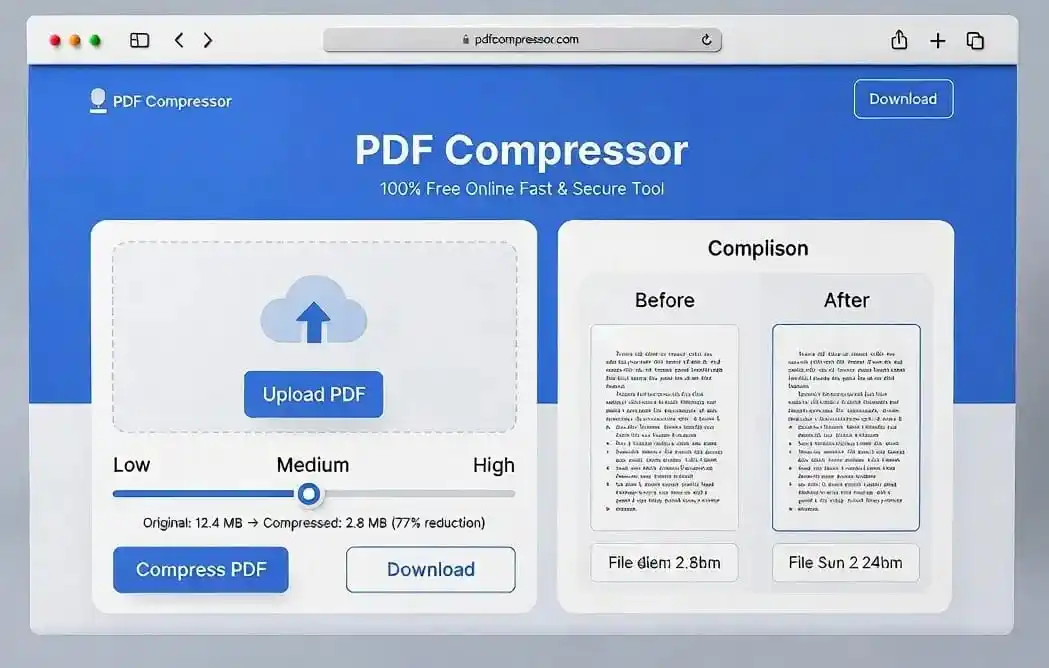 PDF Compressor 100% Free Online Fast & Secure Tool 1 PDF compressor tool showing online PDF compression interface with upload and download options in browser
