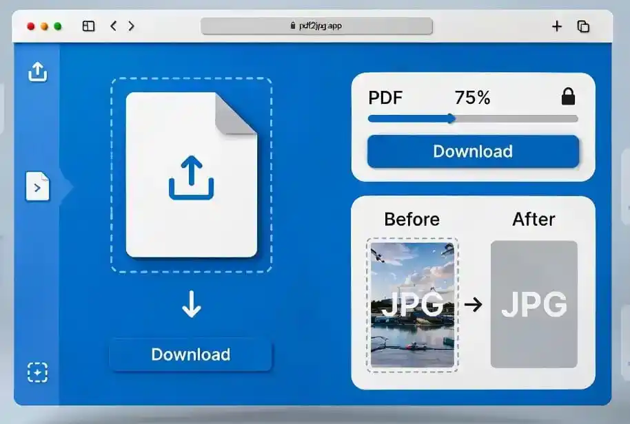 PDF to JPG converter tool showing PDF upload and JPG image output preview in clean modern interface