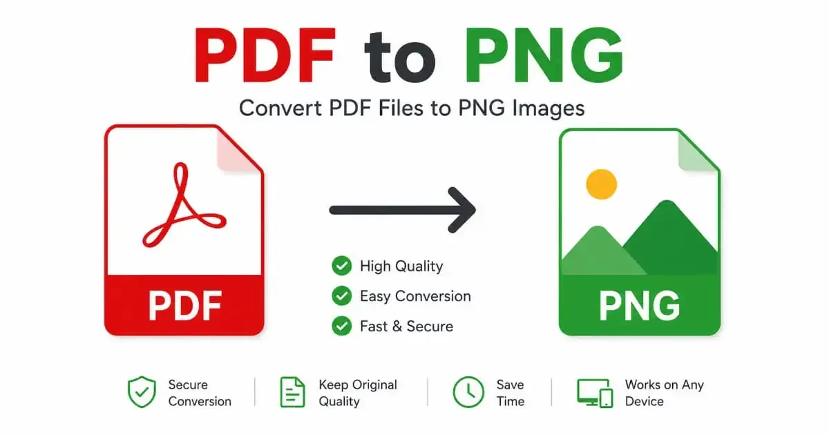 PDF to PNG – 100% Free Online Image Converter 1 PDF to PNG converter illustration showing a PDF file being converted into a PNG image with a fast, secure, and high-quality online conversion process.