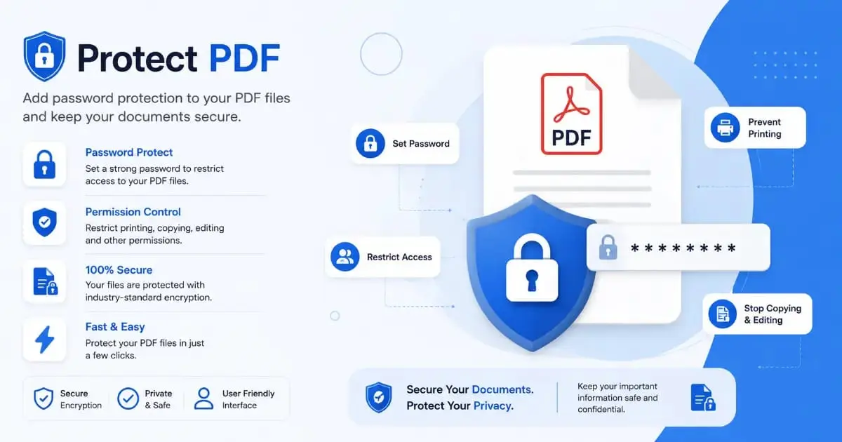 Protect PDF tool illustration showing how to add password protection and encryption to PDF files online for free — fast, secure, and no signup required.