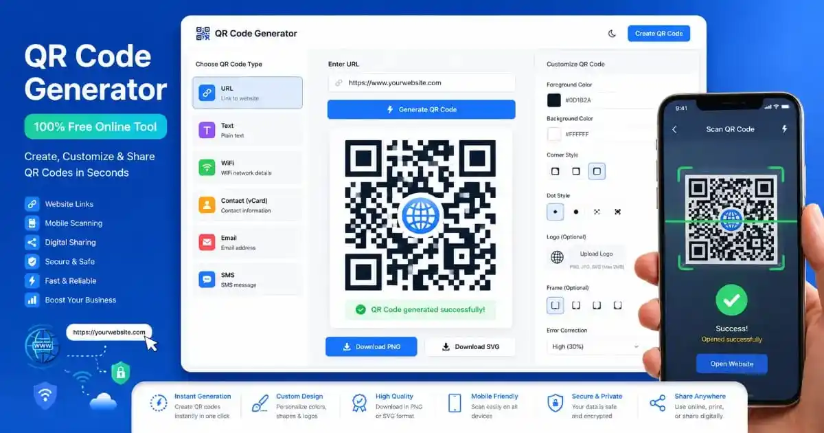 QR Code Generator tool creating QR codes for URLs, text, WiFi and contact information online