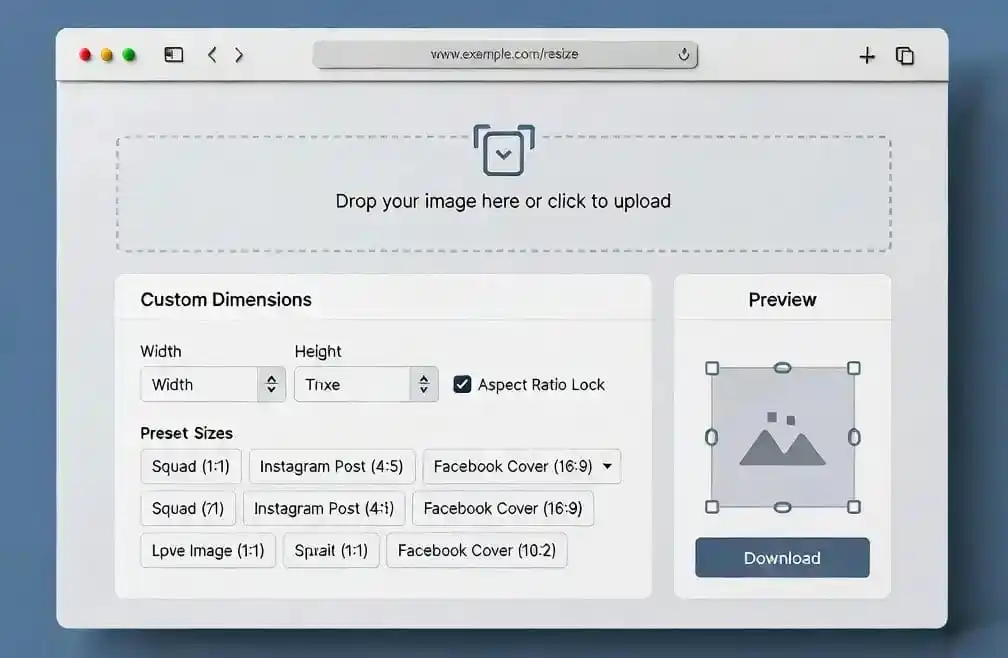 Resize image tool showing online image resizing interface with width and height controls in modern browser window