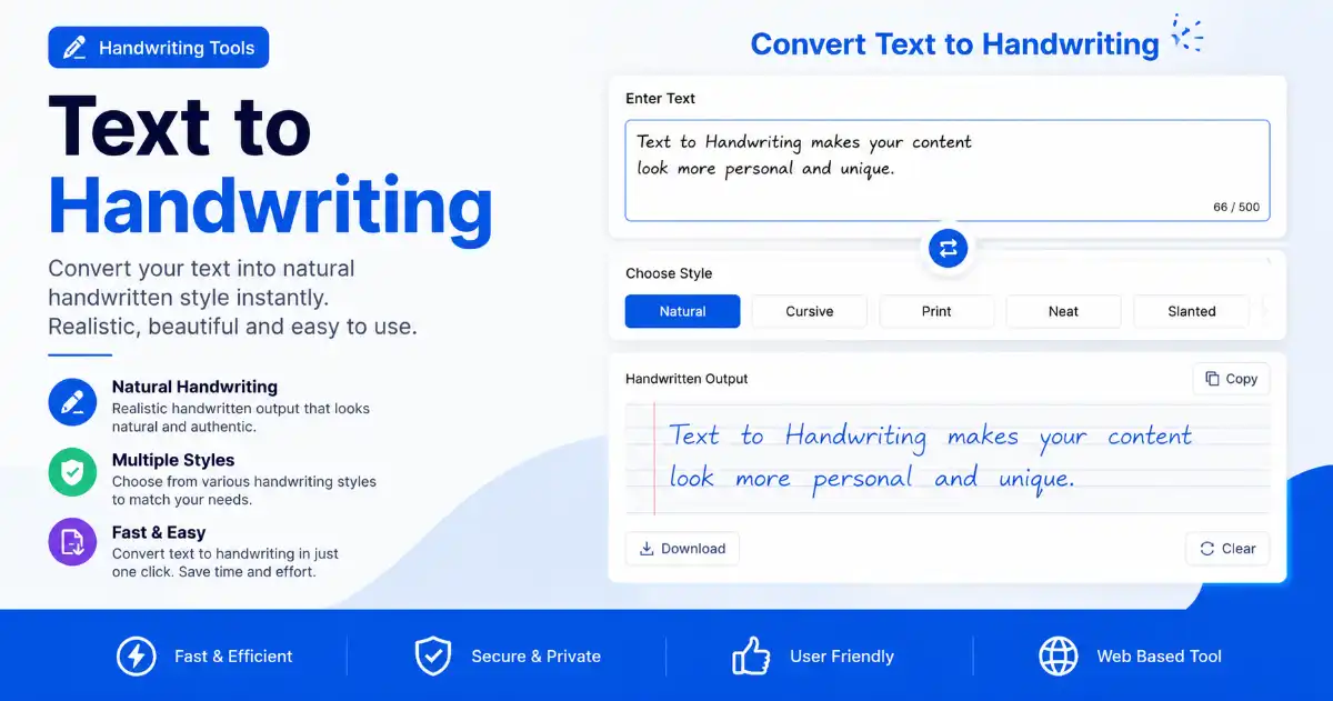 Text to Handwriting Tool - 100% Free Online Generator 1 Text to Handwriting free online tool interface converting typed text into realistic handwritten notes instantly.