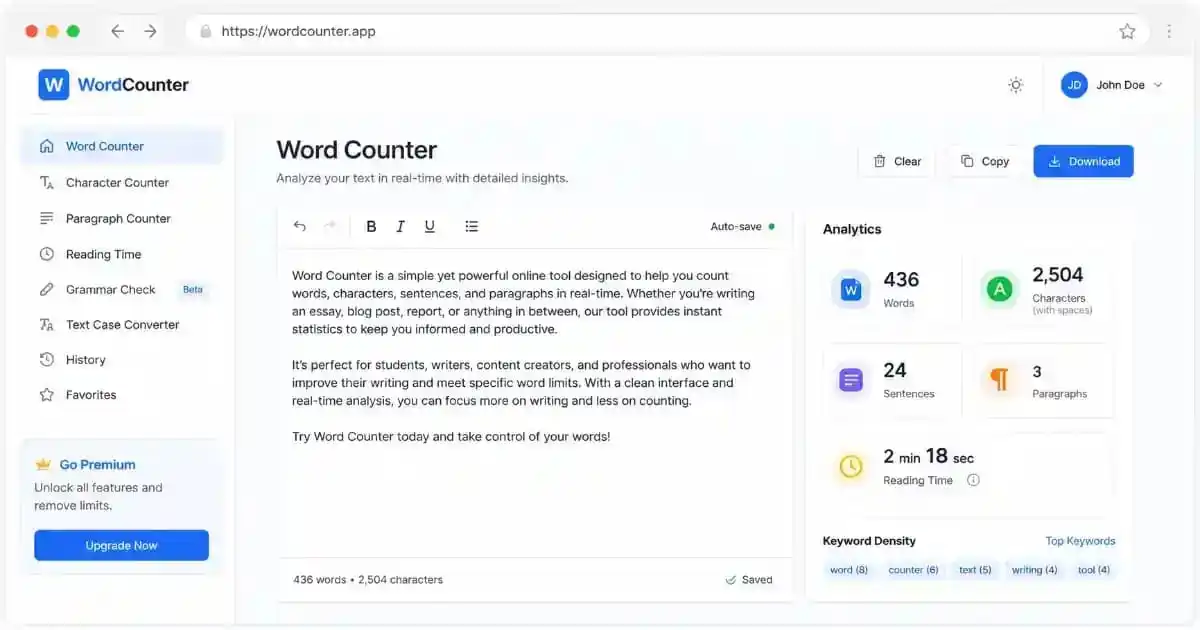 Word Counter 100% Free Online Fast Accurate Tool 1 Word counter tool showing live text analysis with word count, character count, and statistics dashboard in modern UI