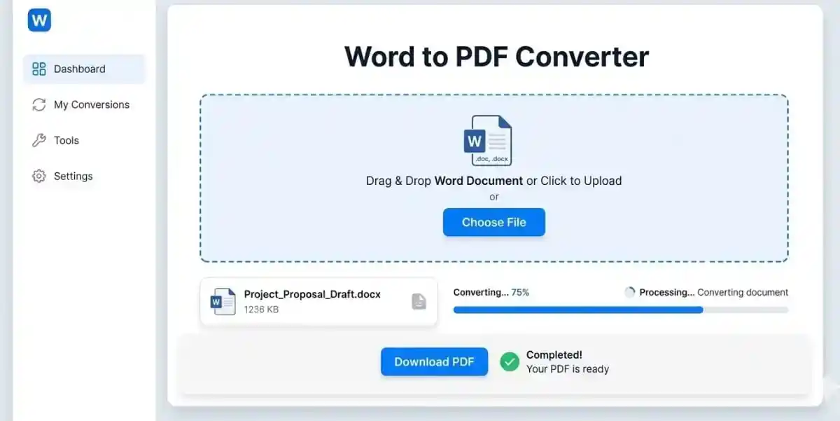 Word to PDF 100% Free Online Converter Tool 1 Word to PDF converter showing document upload and PDF output preview in clean modern UI